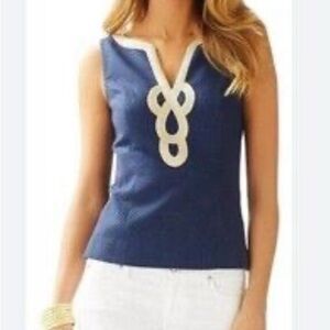 NWT Lilly Pulitzer Janice Top Sz 4 Women True Navy Blue Gold Embellished Coastal